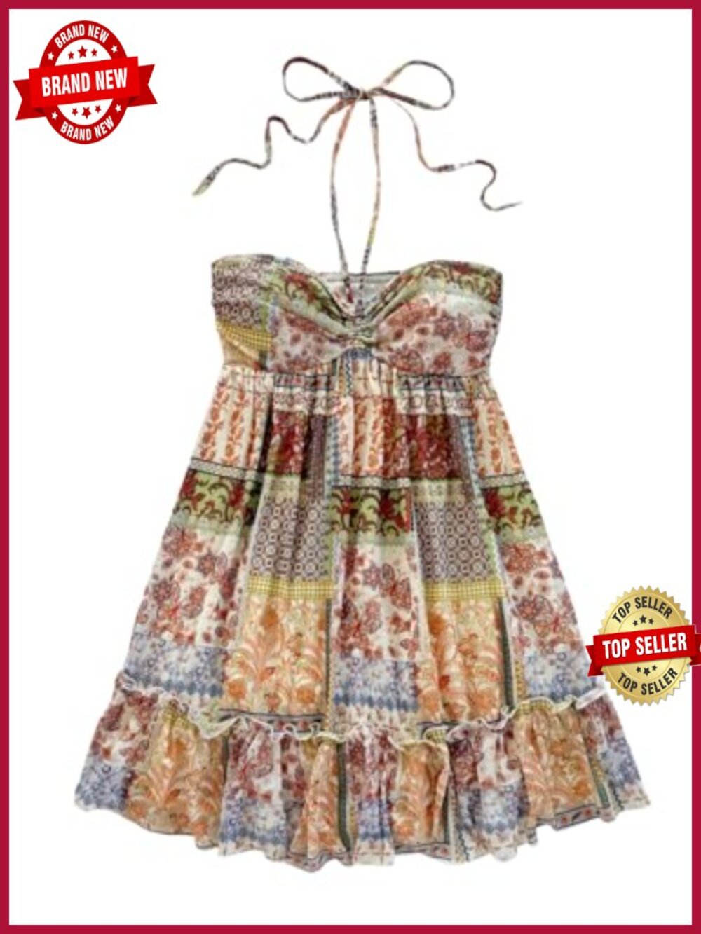 Women's Summer Floral Print Halter Mini Dress Sleeveless Ruffle Hem Vacation